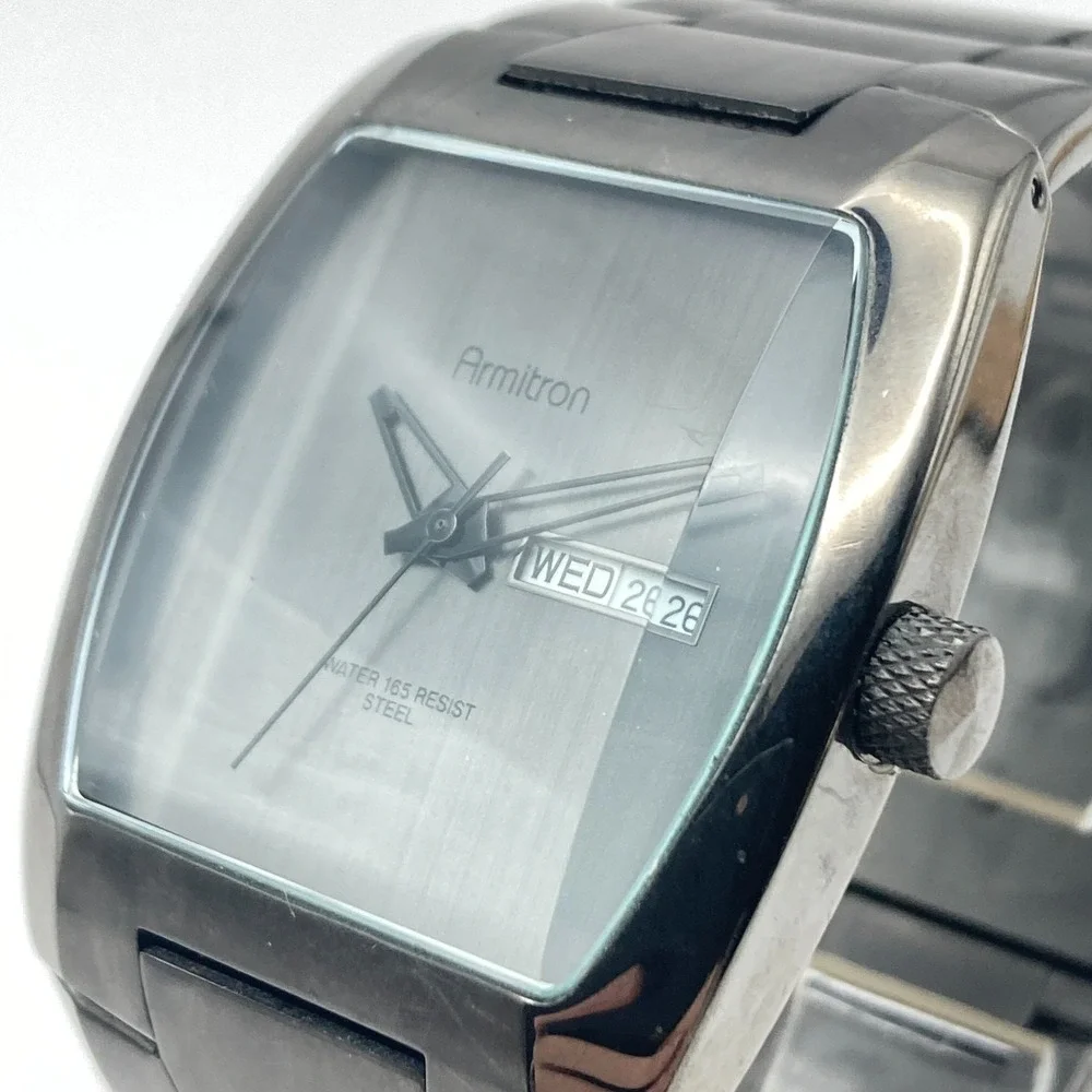Armitron Mens Watch 39mm Gunmetal Grey Day Date Minimal 50M New Battery 7.75